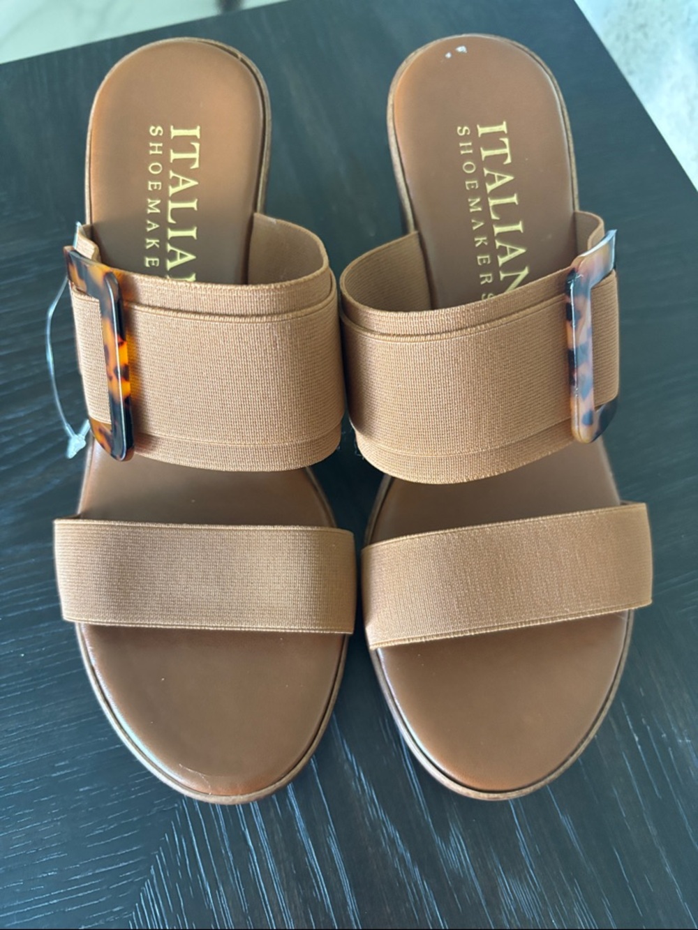 NWOT Camel  wedge Sandal with Tortoise buckle